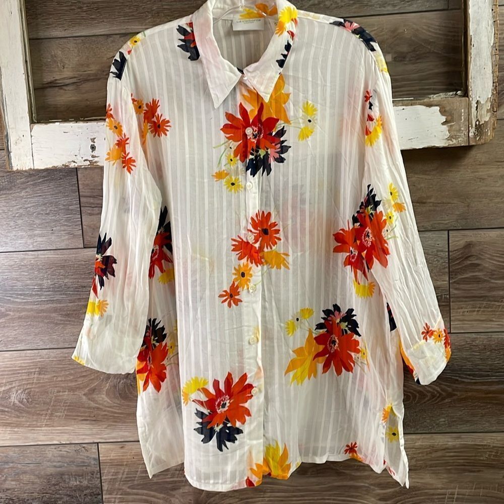 LIZ CLAIBORNE LIZSPORT Floral Sheer 3/4 Sleeve Button Up Blouse Size Large